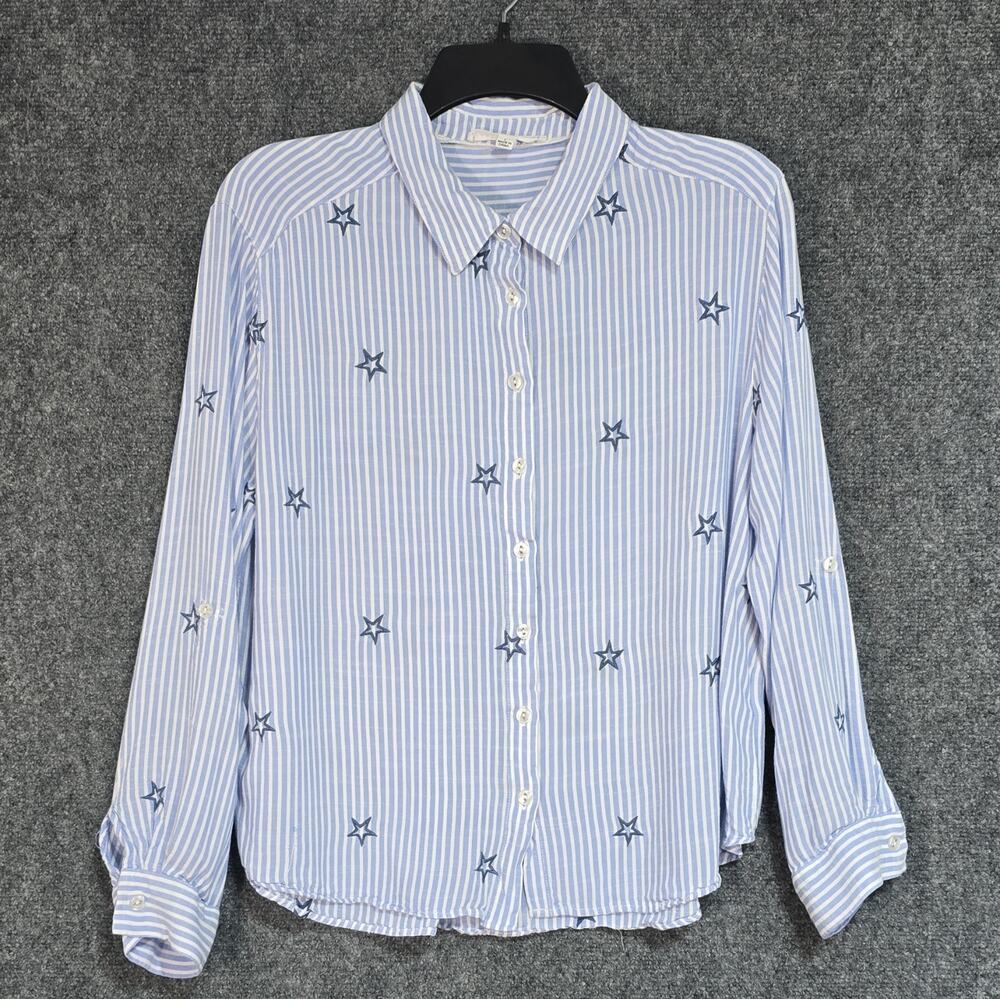 Jane + Delancey Womens L Blue White Striped Star Embroidered Collared Button-Up